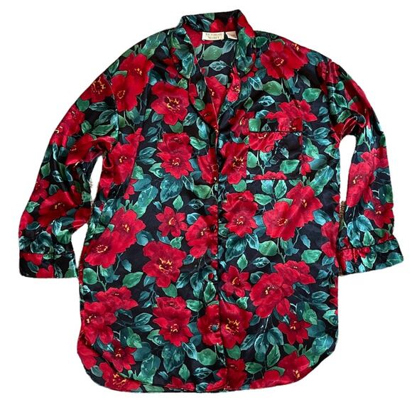 Vintage Victorias Secret Gold Label Button Down Red Floral Sleep Shirt Size M - Picture 1 of 9